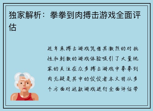 独家解析：拳拳到肉搏击游戏全面评估